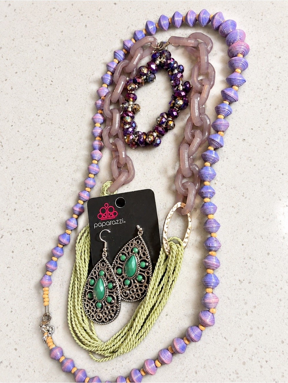 5 Pc Boho Statement Jewelry Lot W/ Paparazzi Earrings AND Purple Green Necklaces